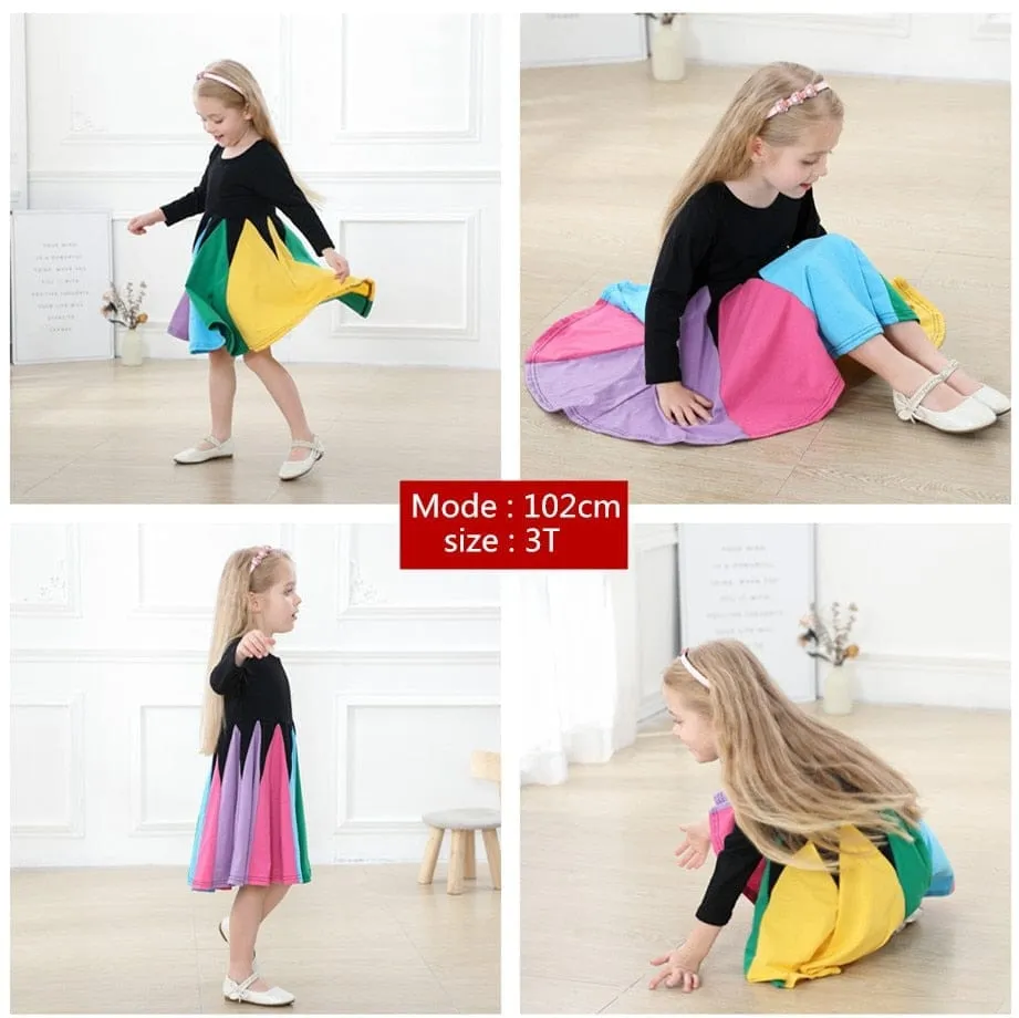 Kids Long Sleeve Rainbow Color kids clothes Fashion Princess Dresses