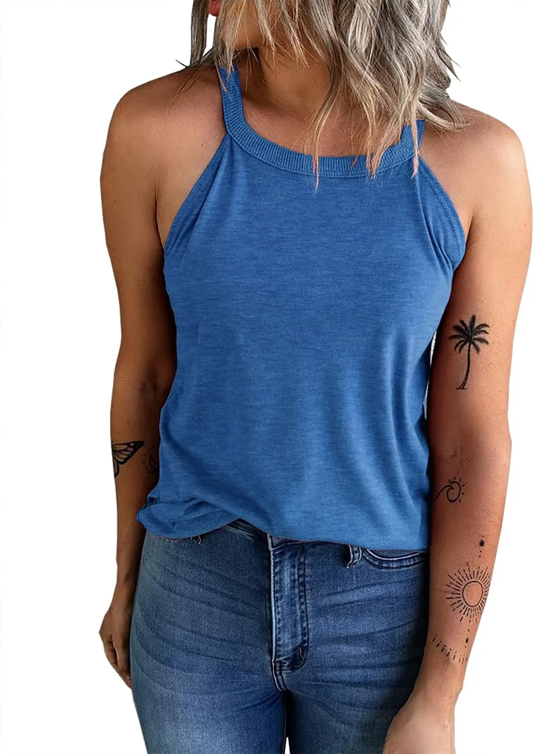KINLONSAIR Women's Summer Sleeveless Halter Tee Shirts Crew Neck Workout Tank Tops Casual Plain Cami Shirts