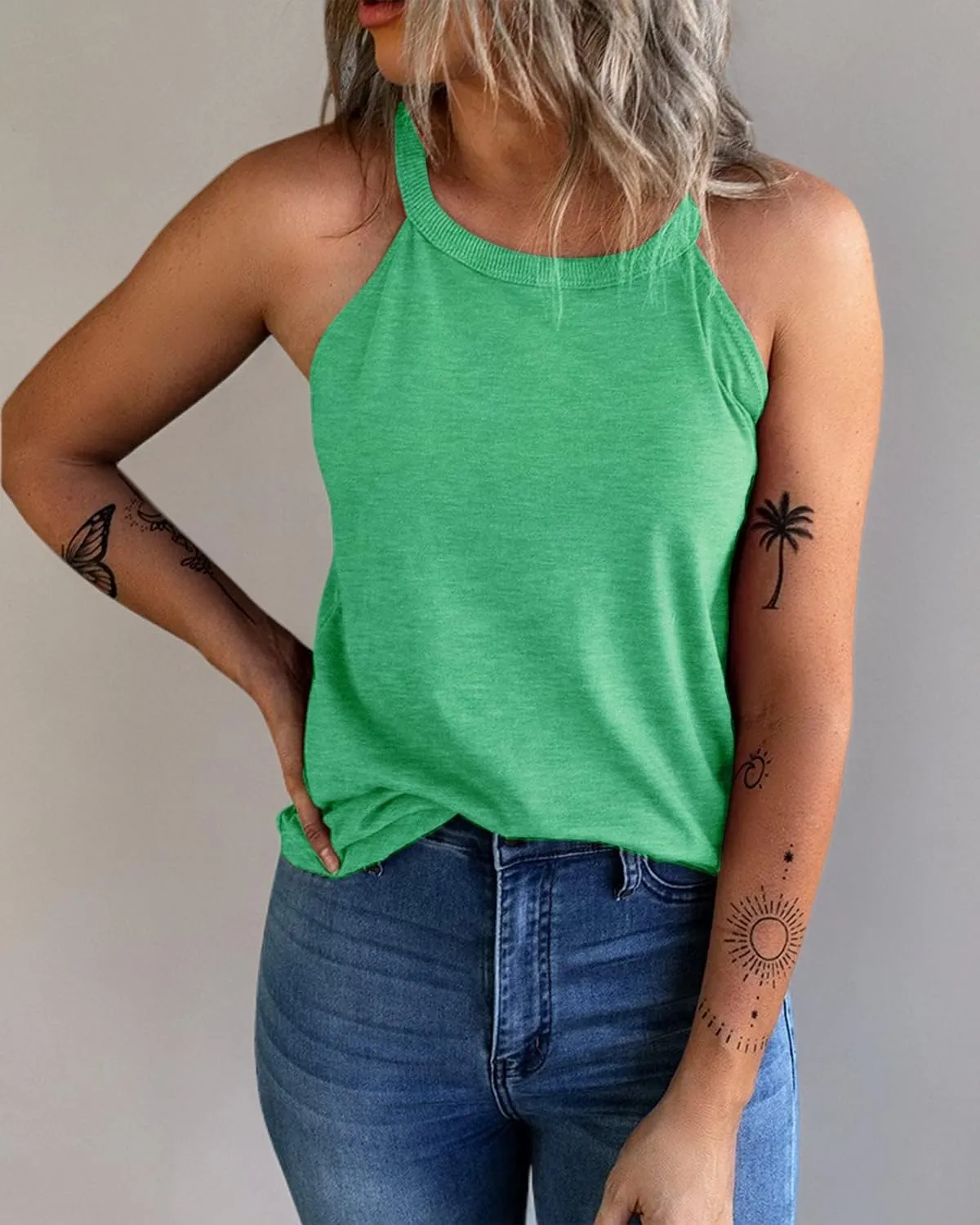 KINLONSAIR Women's Summer Sleeveless Halter Tee Shirts Crew Neck Workout Tank Tops Casual Plain Cami Shirts
