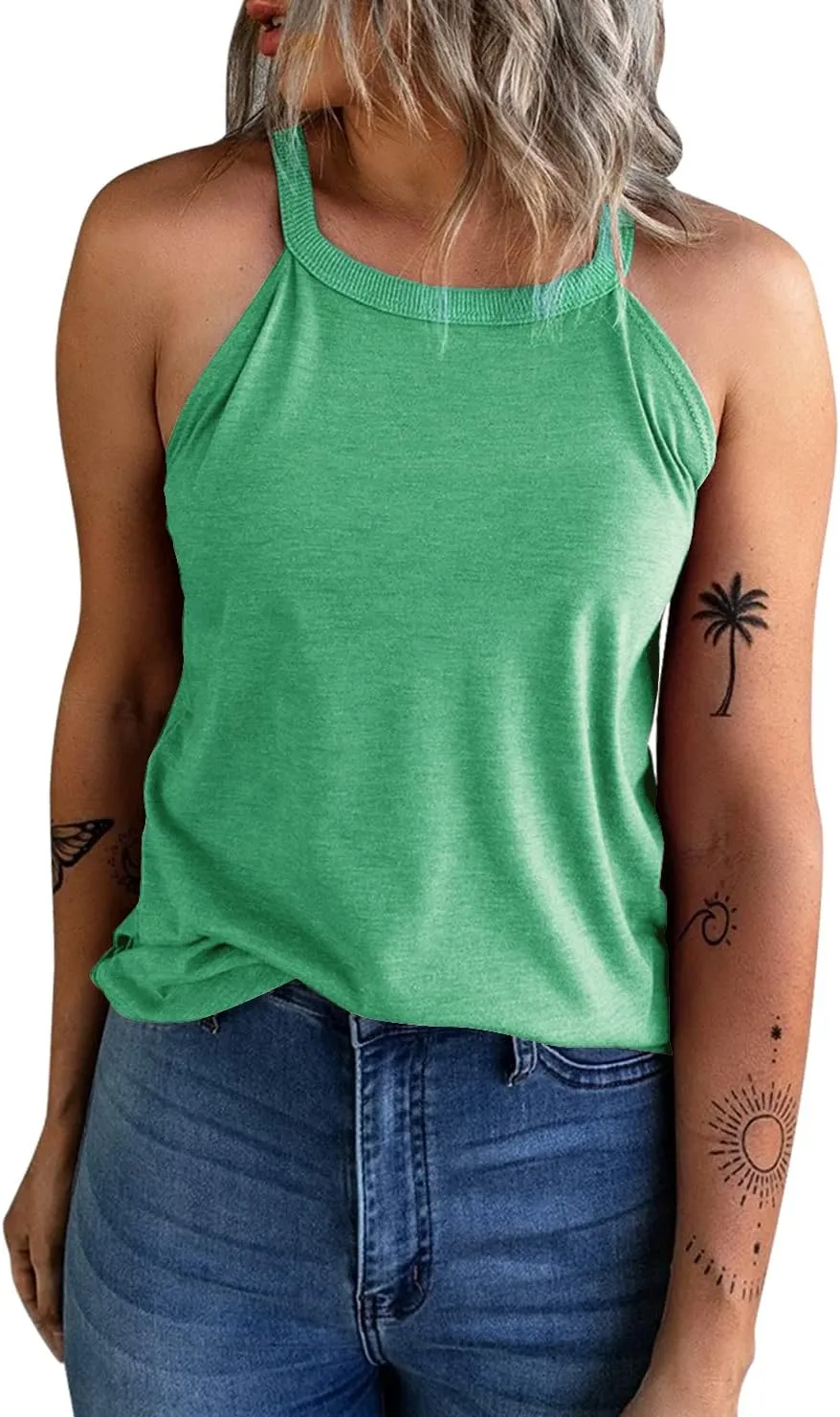 KINLONSAIR Women's Summer Sleeveless Halter Tee Shirts Crew Neck Workout Tank Tops Casual Plain Cami Shirts