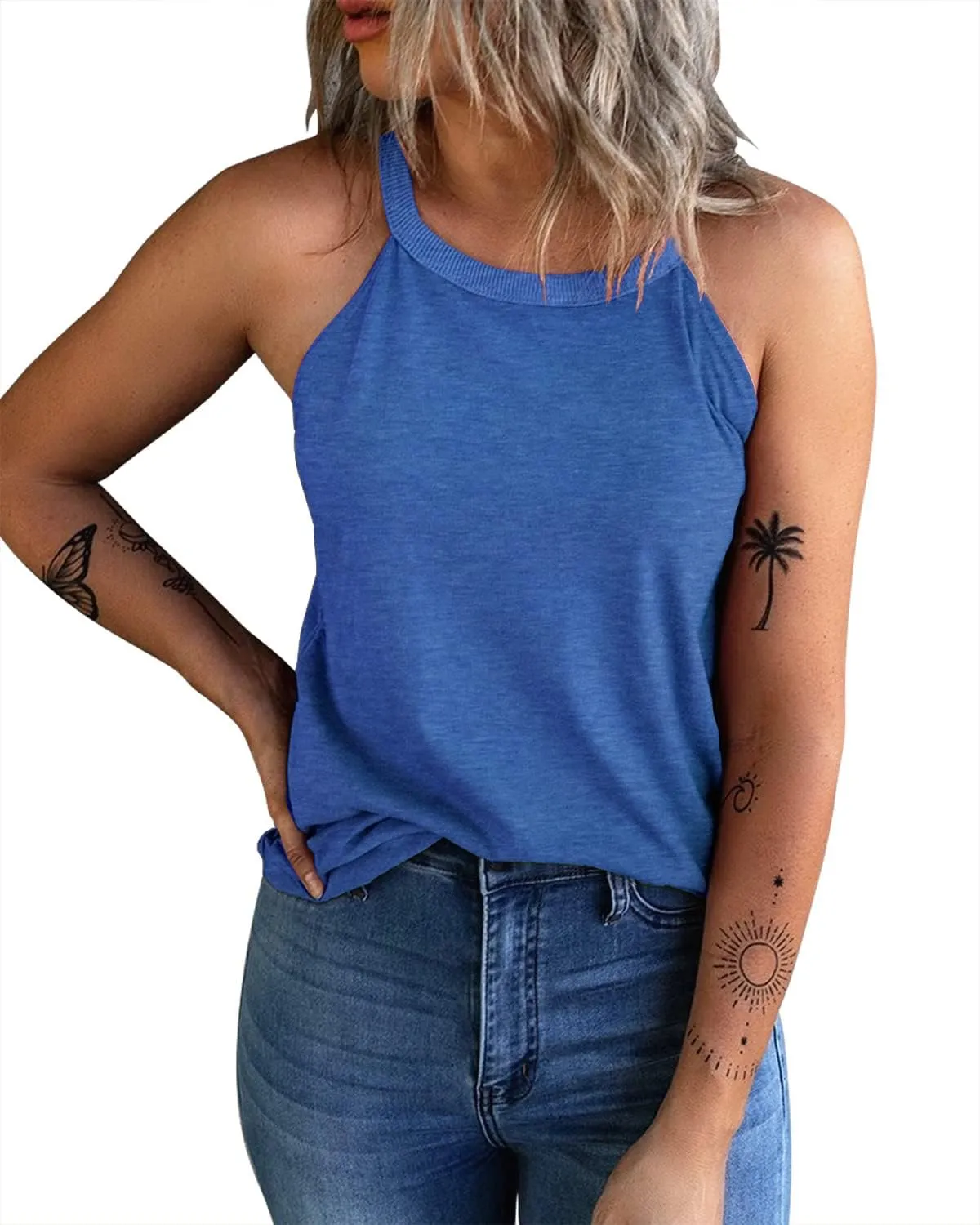 KINLONSAIR Women's Summer Sleeveless Halter Tee Shirts Crew Neck Workout Tank Tops Casual Plain Cami Shirts