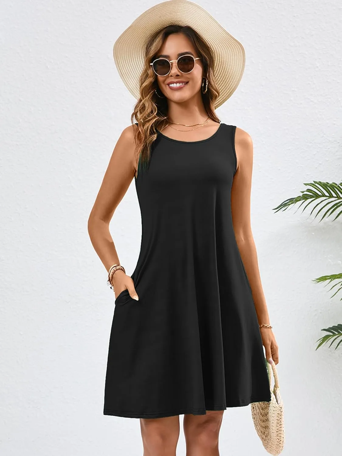 KORSIS Summer Dresses for Women Casual T Shirt Tank Dresses Sleeveless Swing Flowy Ladies Beach Vacation Sundress with Pocket