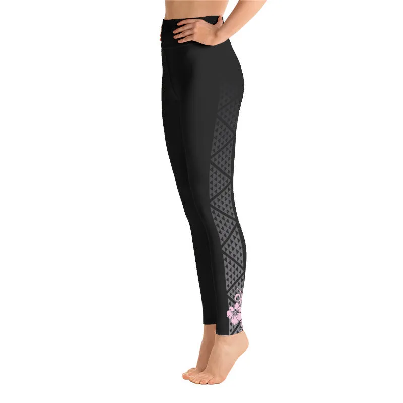 Kuahiwi Mountain Peak Style Samoan Polynesian Tattoo Pattern Print Leggings with or without Hibiscus Flower on the Ankle - Plus Sizes Available