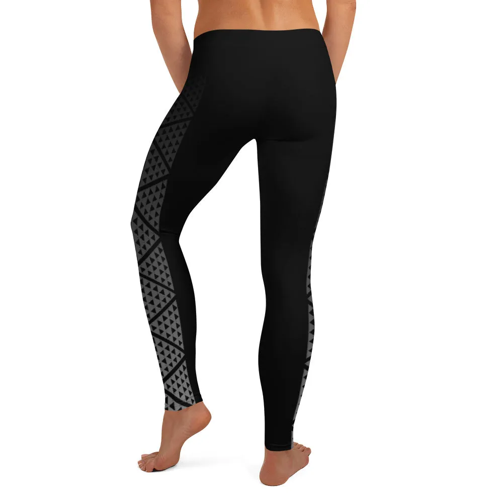 Kuahiwi Mountain Peak Style Samoan Polynesian Tattoo Pattern Print Leggings with or without Hibiscus Flower on the Ankle - Plus Sizes Available