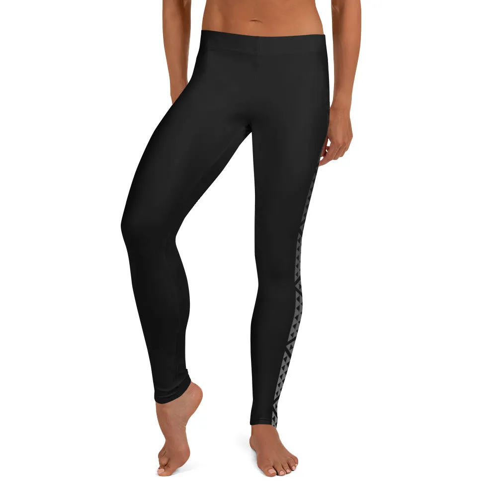 Kuahiwi Mountain Peak Style Samoan Polynesian Tattoo Pattern Print Leggings with or without Hibiscus Flower on the Ankle - Plus Sizes Available
