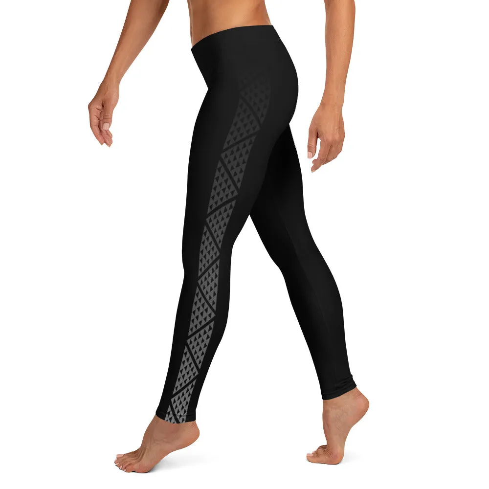 Kuahiwi Mountain Peak Style Samoan Polynesian Tattoo Pattern Print Leggings with or without Hibiscus Flower on the Ankle - Plus Sizes Available
