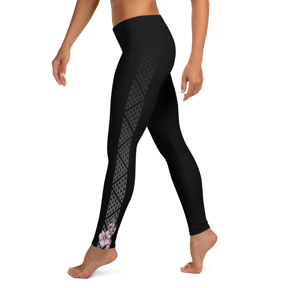 Kuahiwi Mountain Peak Style Samoan Polynesian Tattoo Pattern Print Leggings with or without Hibiscus Flower on the Ankle - Plus Sizes Available
