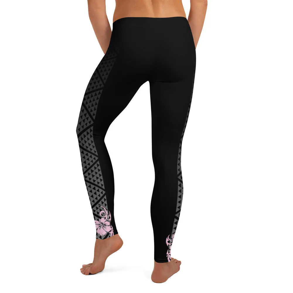 Kuahiwi Mountain Peak Style Samoan Polynesian Tattoo Pattern Print Leggings with or without Hibiscus Flower on the Ankle - Plus Sizes Available