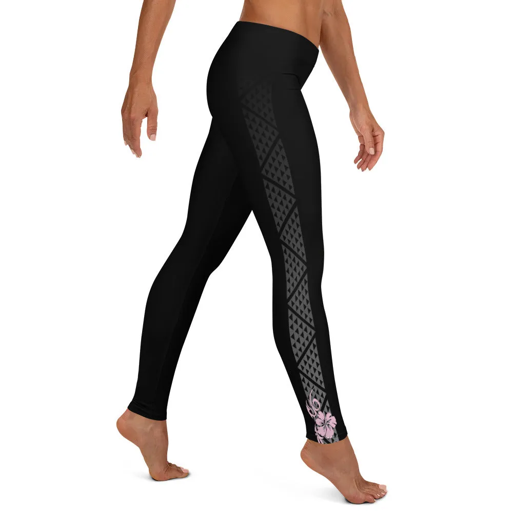Kuahiwi Mountain Peak Style Samoan Polynesian Tattoo Pattern Print Leggings with or without Hibiscus Flower on the Ankle - Plus Sizes Available