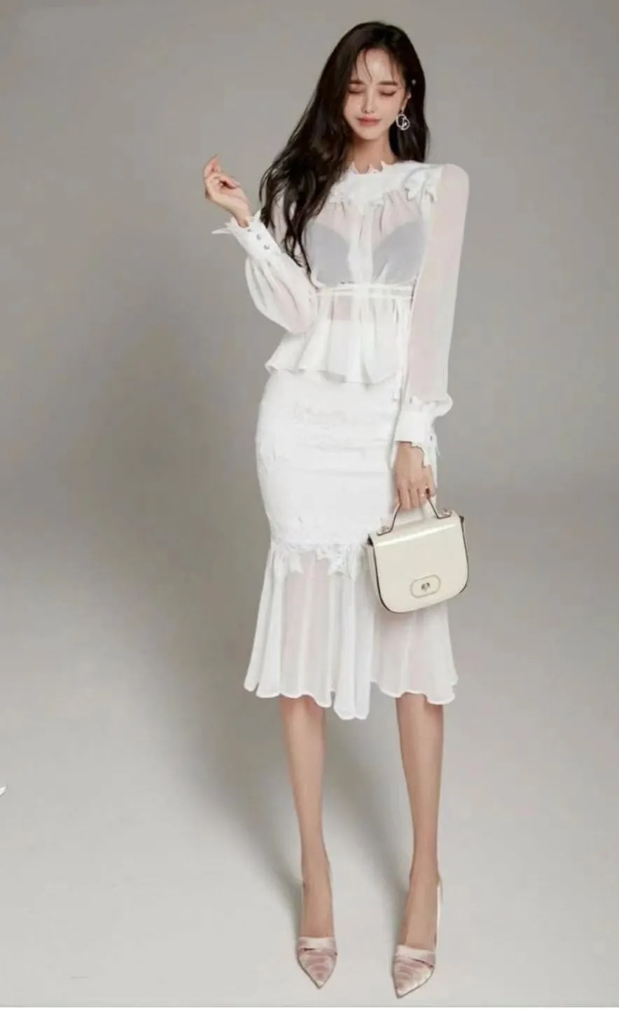 Lacey Frills Midi Chiffon Mermaid Skirt