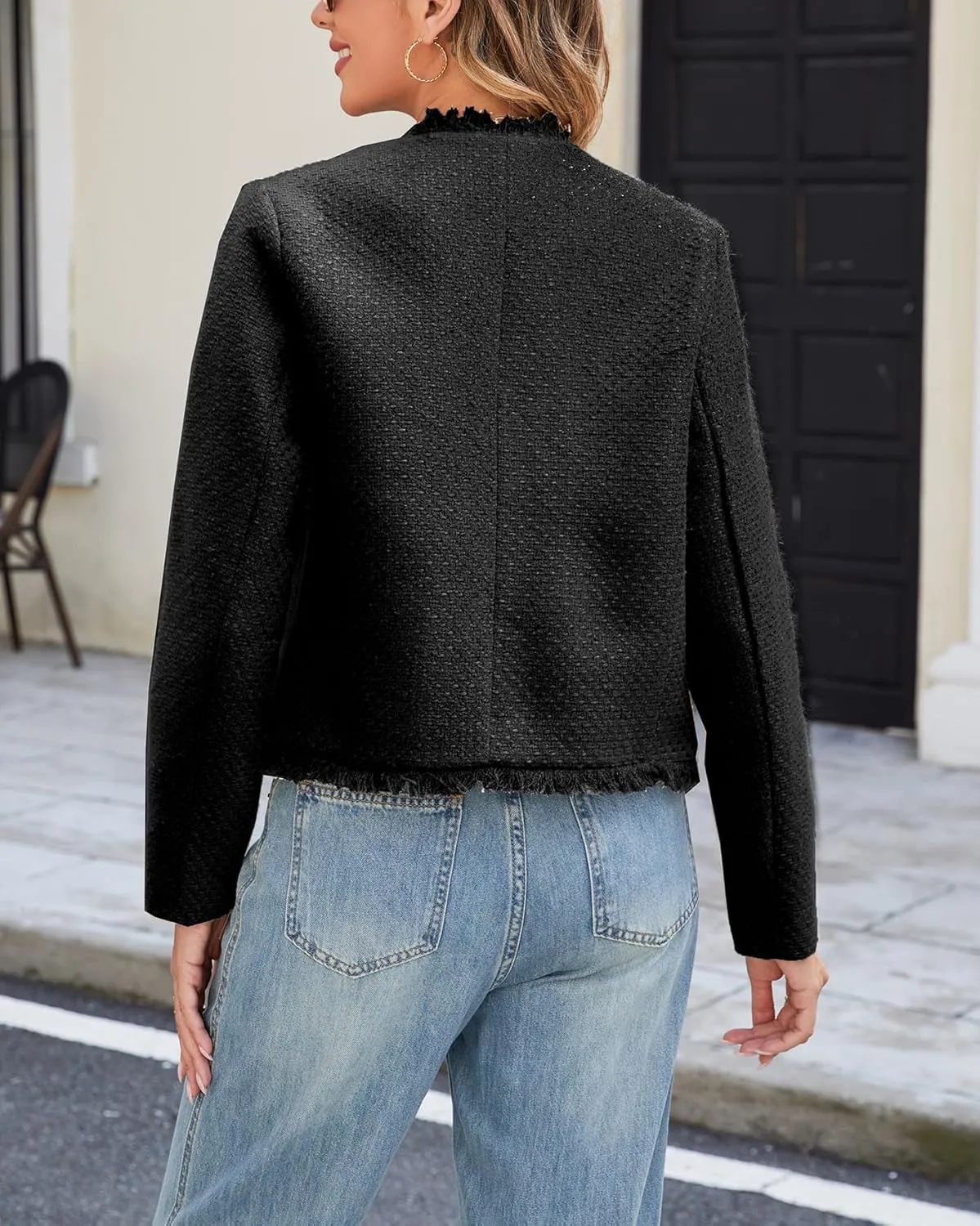 Ladyful Womens Cropped Tweed Blazer Jacket Collarless Lady Jacket Long Sleeve Fall Elegant Work Suits Coat