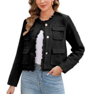 Ladyful Womens Cropped Tweed Blazer Jacket Collarless Lady Jacket Long Sleeve Fall Elegant Work Suits Coat