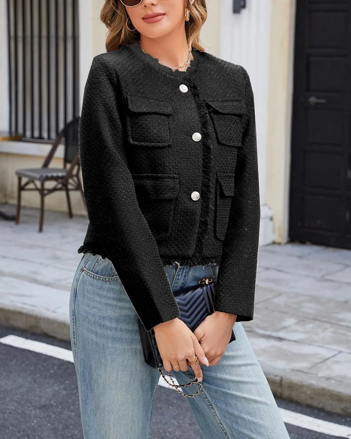 Ladyful Womens Cropped Tweed Blazer Jacket Collarless Lady Jacket Long Sleeve Fall Elegant Work Suits Coat