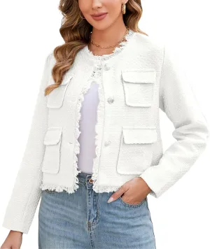 Ladyful Womens Cropped Tweed Blazer Jacket Collarless Lady Jacket Long Sleeve Fall Elegant Work Suits Coat