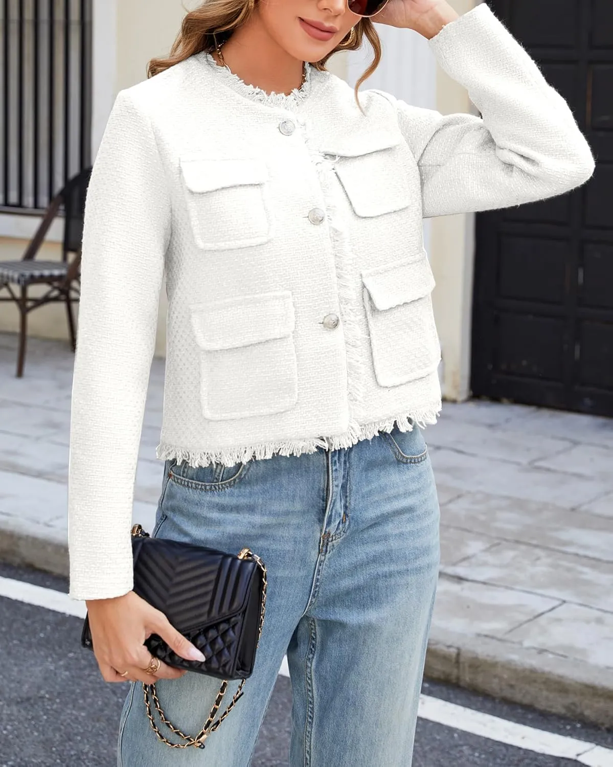 Ladyful Womens Cropped Tweed Blazer Jacket Collarless Lady Jacket Long Sleeve Fall Elegant Work Suits Coat
