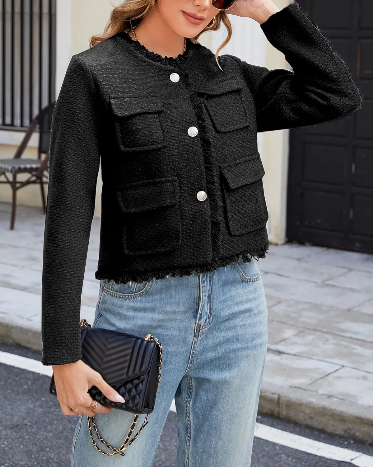 Ladyful Womens Cropped Tweed Blazer Jacket Collarless Lady Jacket Long Sleeve Fall Elegant Work Suits Coat
