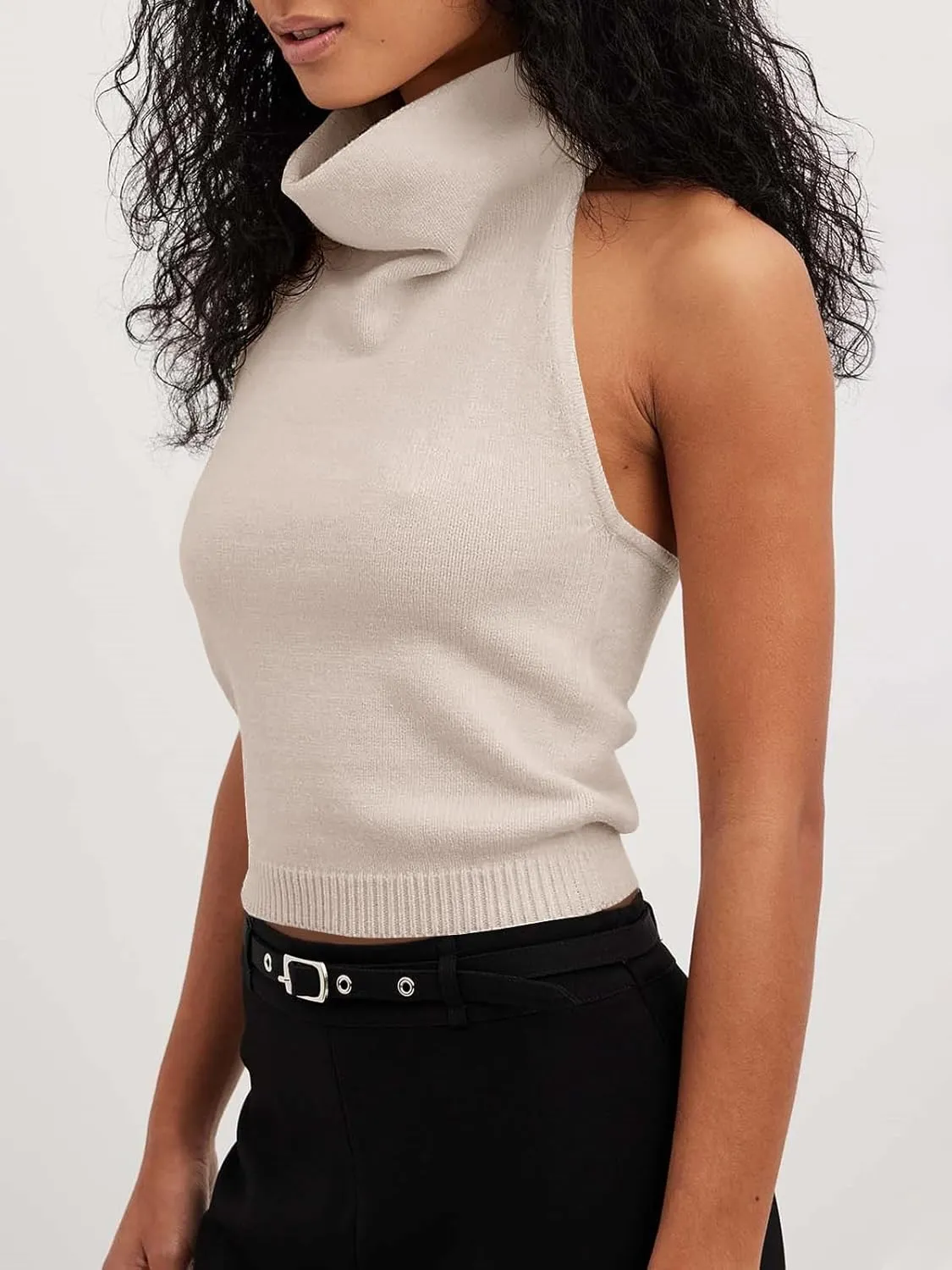 Langwyqu Womens Turtleneck Sweater Vests Sleeveless Knit Halter Tank Tops Sexy Loose Cami Shirts