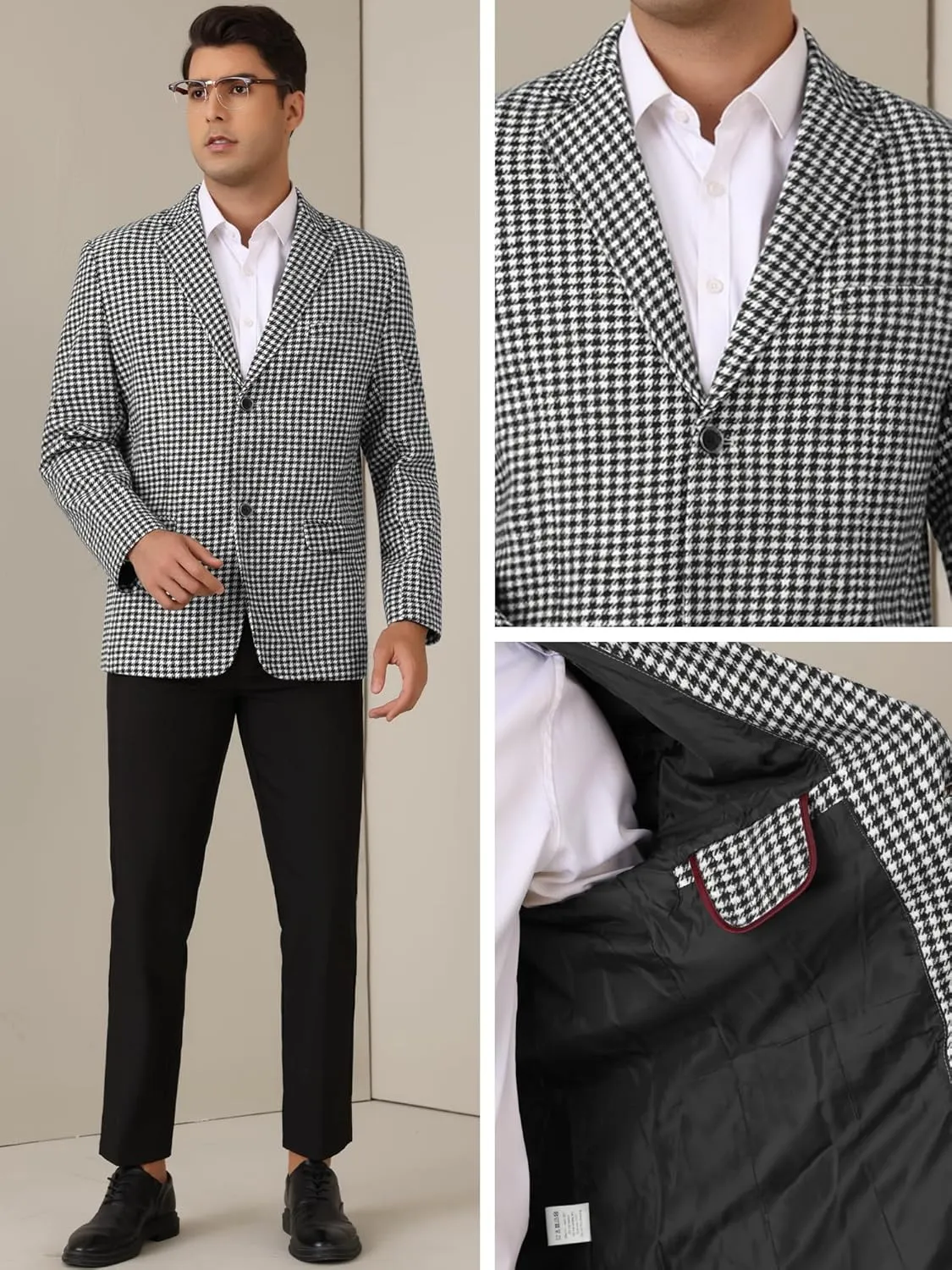 Lars Amadeus Houndstooth Blazer for Men's Classic Fit Business Two Button Plaid Sports Coat