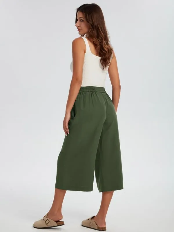 Les umes Women Linen Pants Summer Wide Leg Capri Pants High Waist Loose Cropped Lounge Trousers Culottes