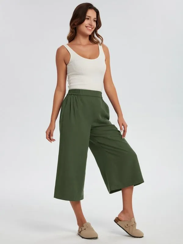 Les umes Women Linen Pants Summer Wide Leg Capri Pants High Waist Loose Cropped Lounge Trousers Culottes