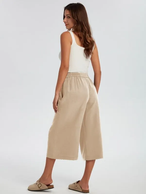 Les umes Women Linen Pants Summer Wide Leg Capri Pants High Waist Loose Cropped Lounge Trousers Culottes