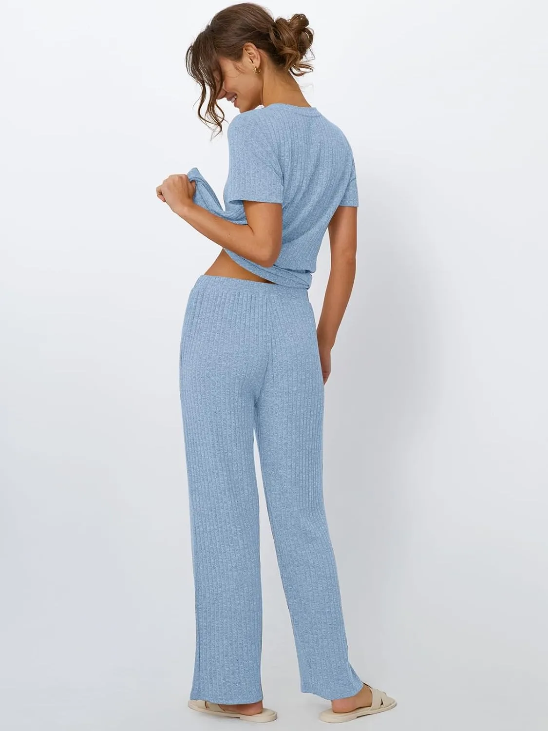LILLUSORY 2 Piece Lounge Sets for Women Summer Vacation Outfits Matching Casual Wide Leg Pants Sets Ribbed Knit Pajamas 2025