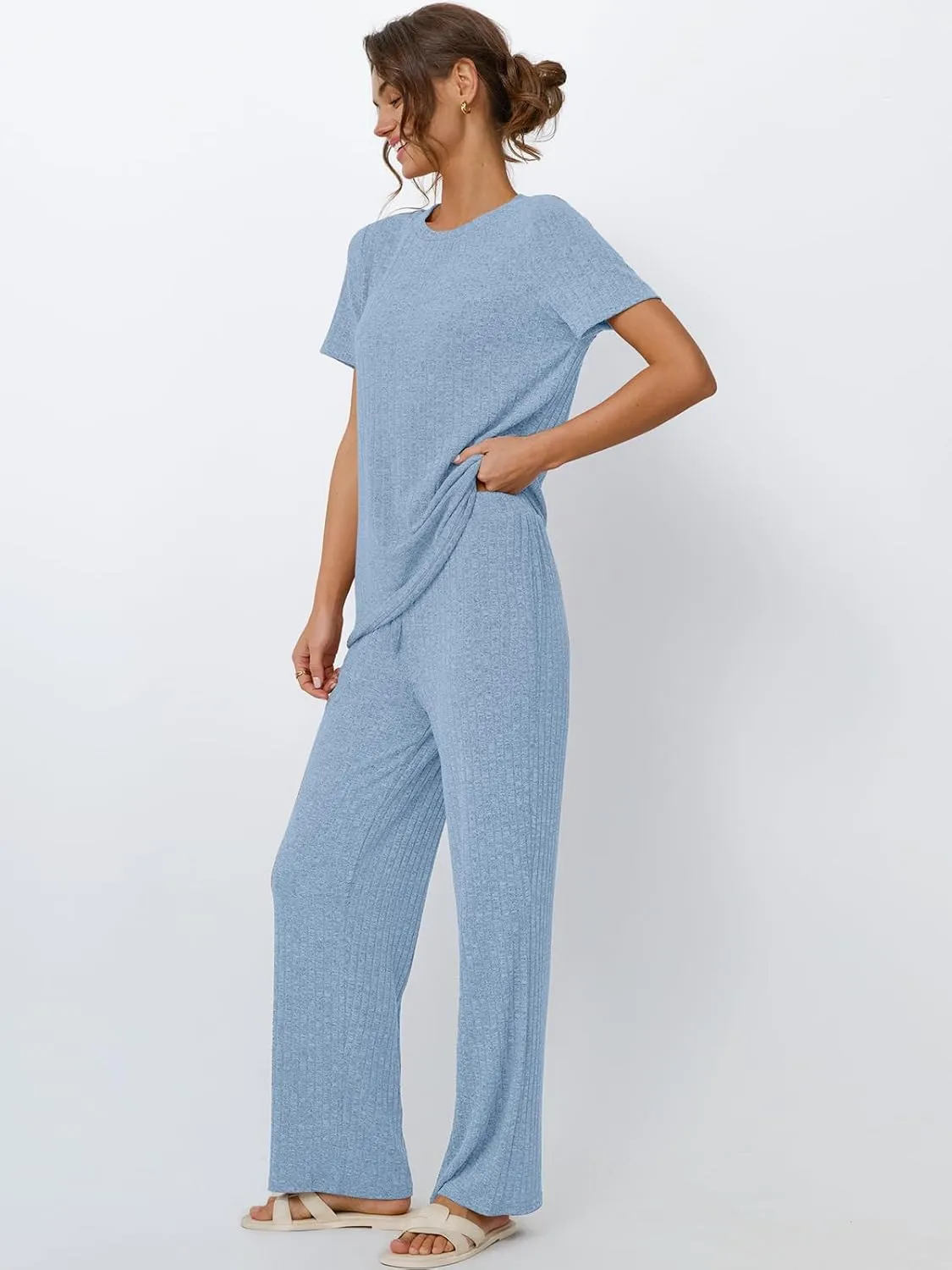 LILLUSORY 2 Piece Lounge Sets for Women Summer Vacation Outfits Matching Casual Wide Leg Pants Sets Ribbed Knit Pajamas 2025