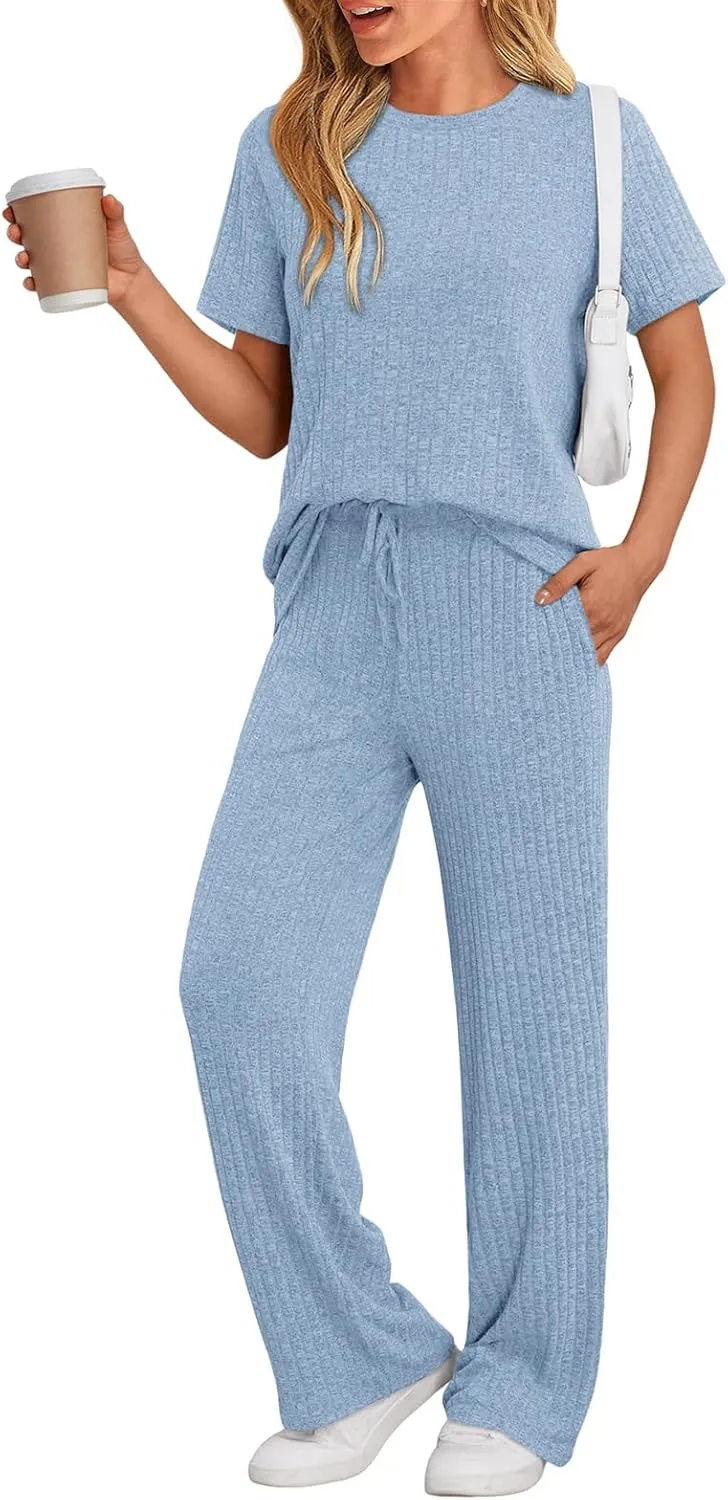 LILLUSORY 2 Piece Lounge Sets for Women Summer Vacation Outfits Matching Casual Wide Leg Pants Sets Ribbed Knit Pajamas 2025