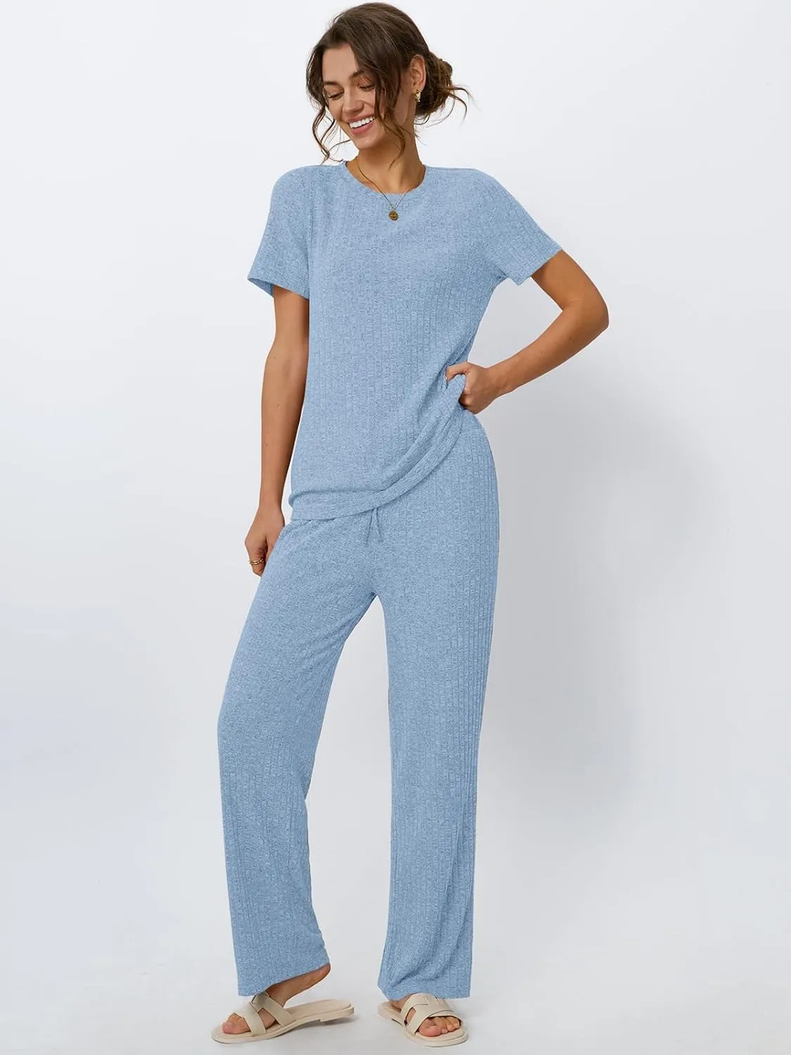 LILLUSORY 2 Piece Lounge Sets for Women Summer Vacation Outfits Matching Casual Wide Leg Pants Sets Ribbed Knit Pajamas 2025