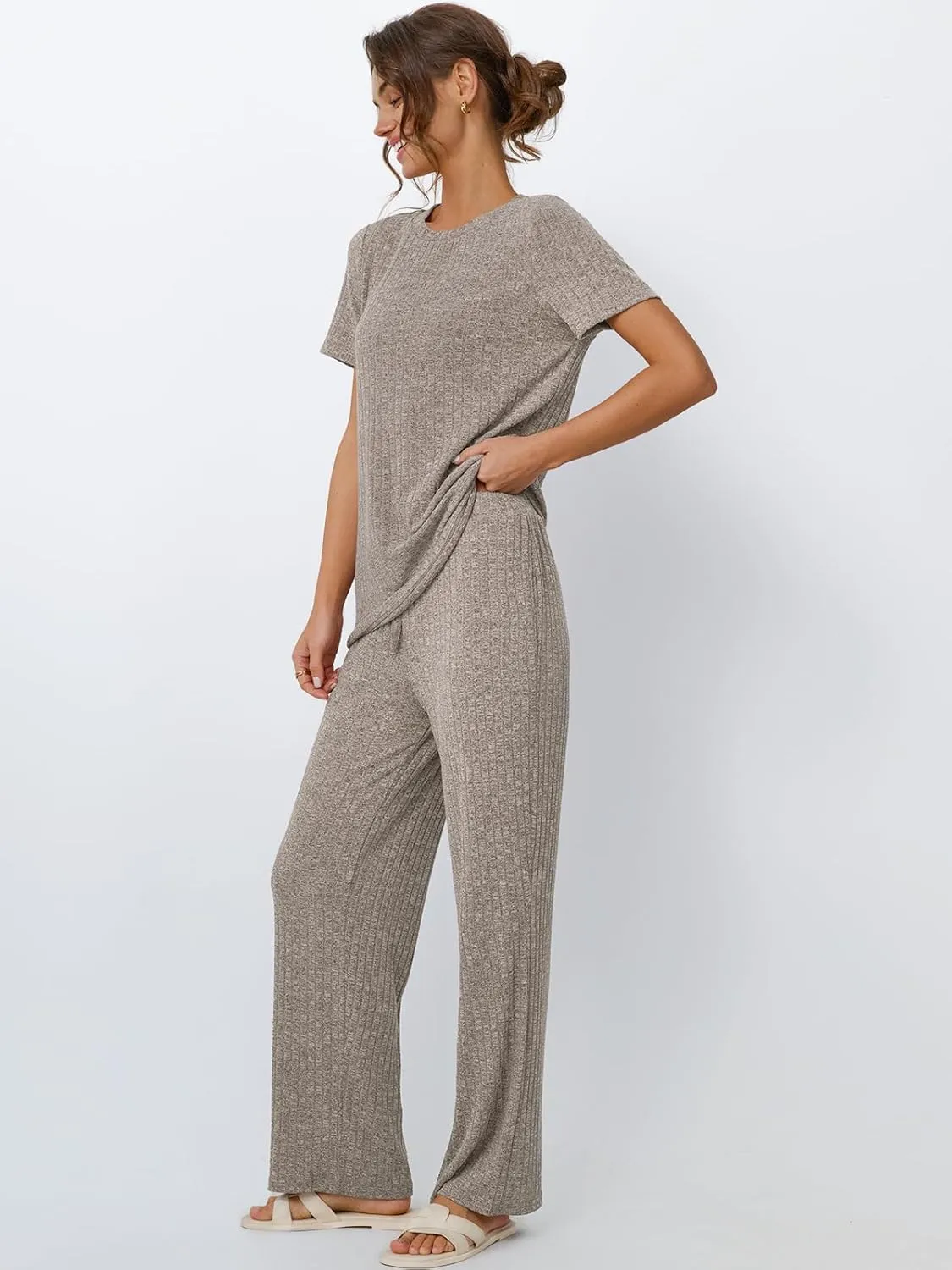 LILLUSORY 2 Piece Lounge Sets for Women Summer Vacation Outfits Matching Casual Wide Leg Pants Sets Ribbed Knit Pajamas 2025