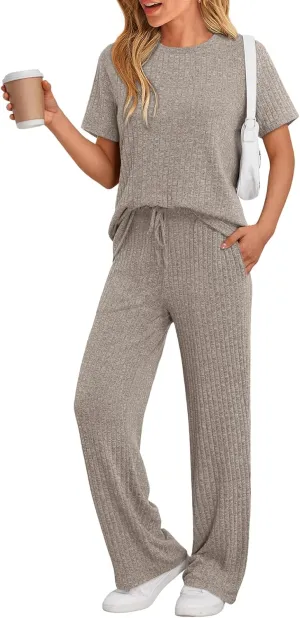 LILLUSORY 2 Piece Lounge Sets for Women Summer Vacation Outfits Matching Casual Wide Leg Pants Sets Ribbed Knit Pajamas 2025