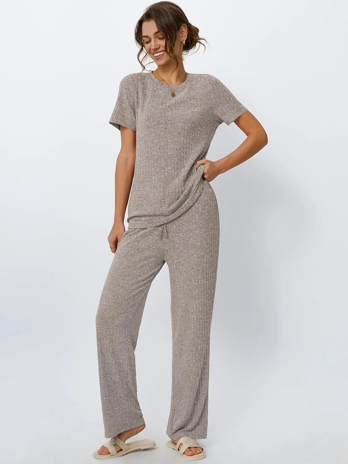 LILLUSORY 2 Piece Lounge Sets for Women Summer Vacation Outfits Matching Casual Wide Leg Pants Sets Ribbed Knit Pajamas 2025