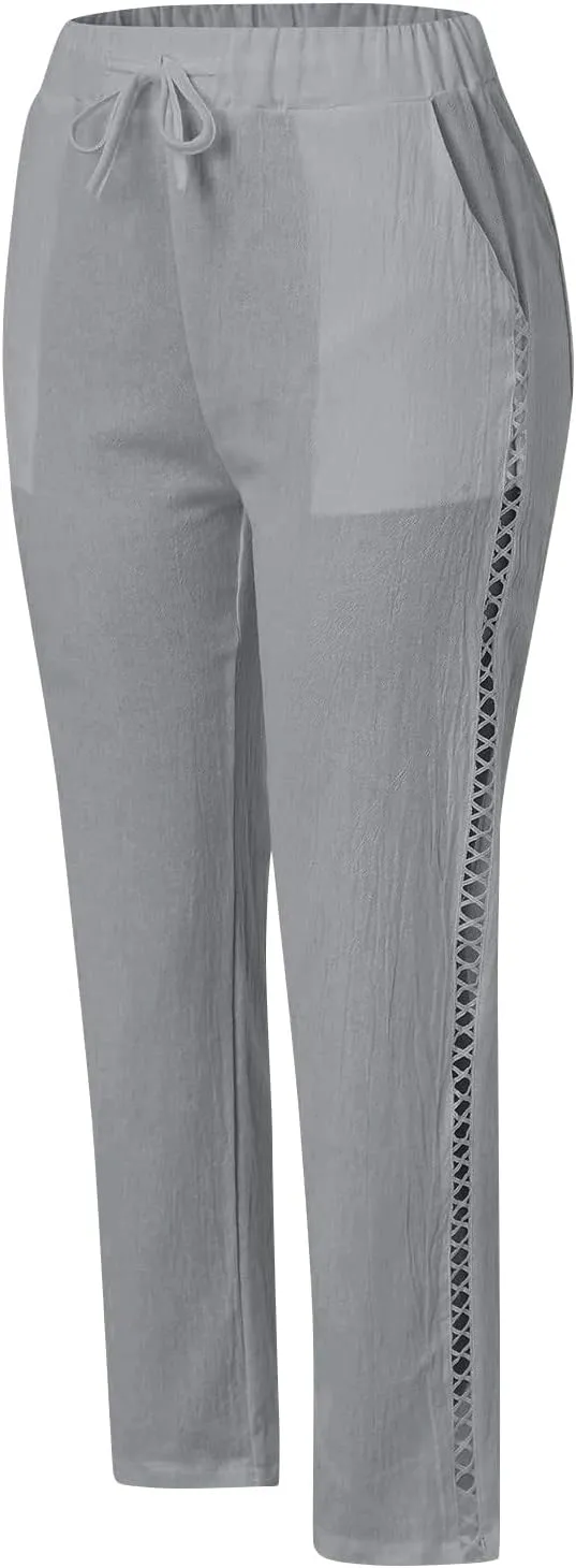 Linen Cropped Pants for Women Summer Trousers Plus Size Pants Trendy Drawstring Elastic Waist Joggers with Pockets