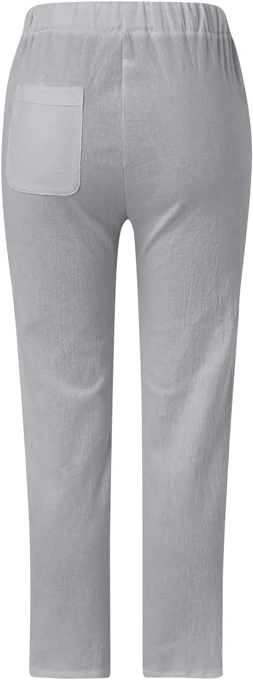 Linen Cropped Pants for Women Summer Trousers Plus Size Pants Trendy Drawstring Elastic Waist Joggers with Pockets