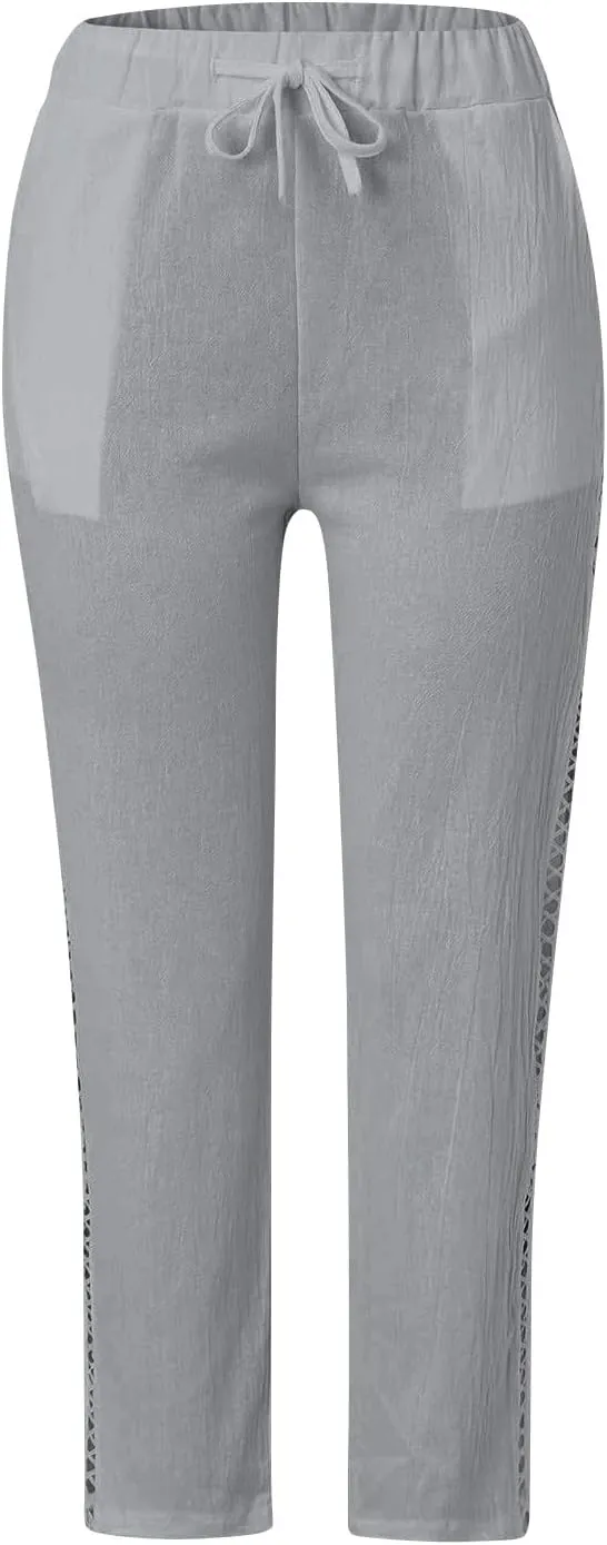 Linen Cropped Pants for Women Summer Trousers Plus Size Pants Trendy Drawstring Elastic Waist Joggers with Pockets