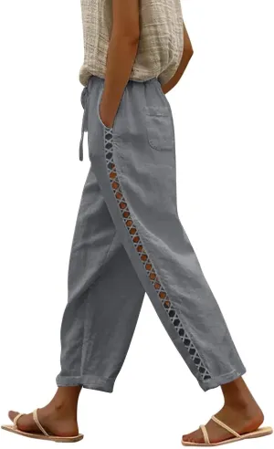 Linen Cropped Pants for Women Summer Trousers Plus Size Pants Trendy Drawstring Elastic Waist Joggers with Pockets