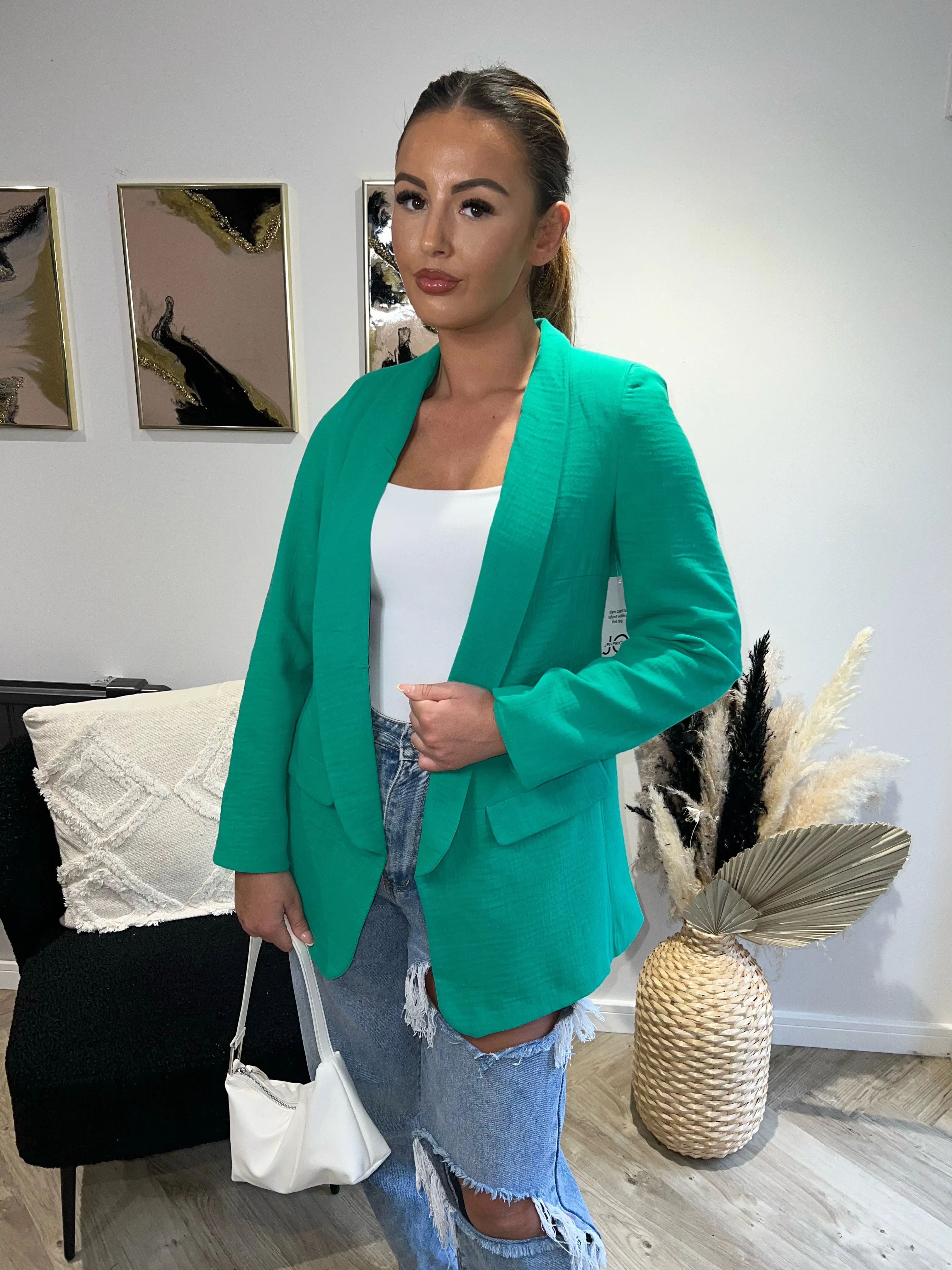 Linen Look Oversized Blazer in Green