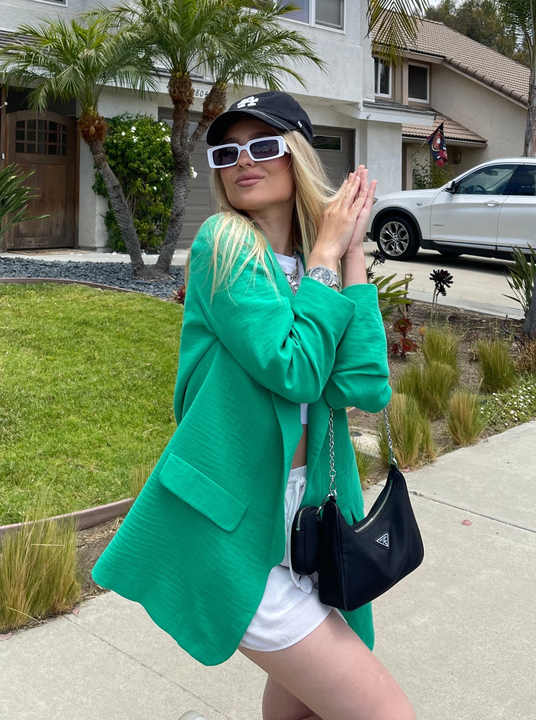 Linen Look Oversized Blazer in Green