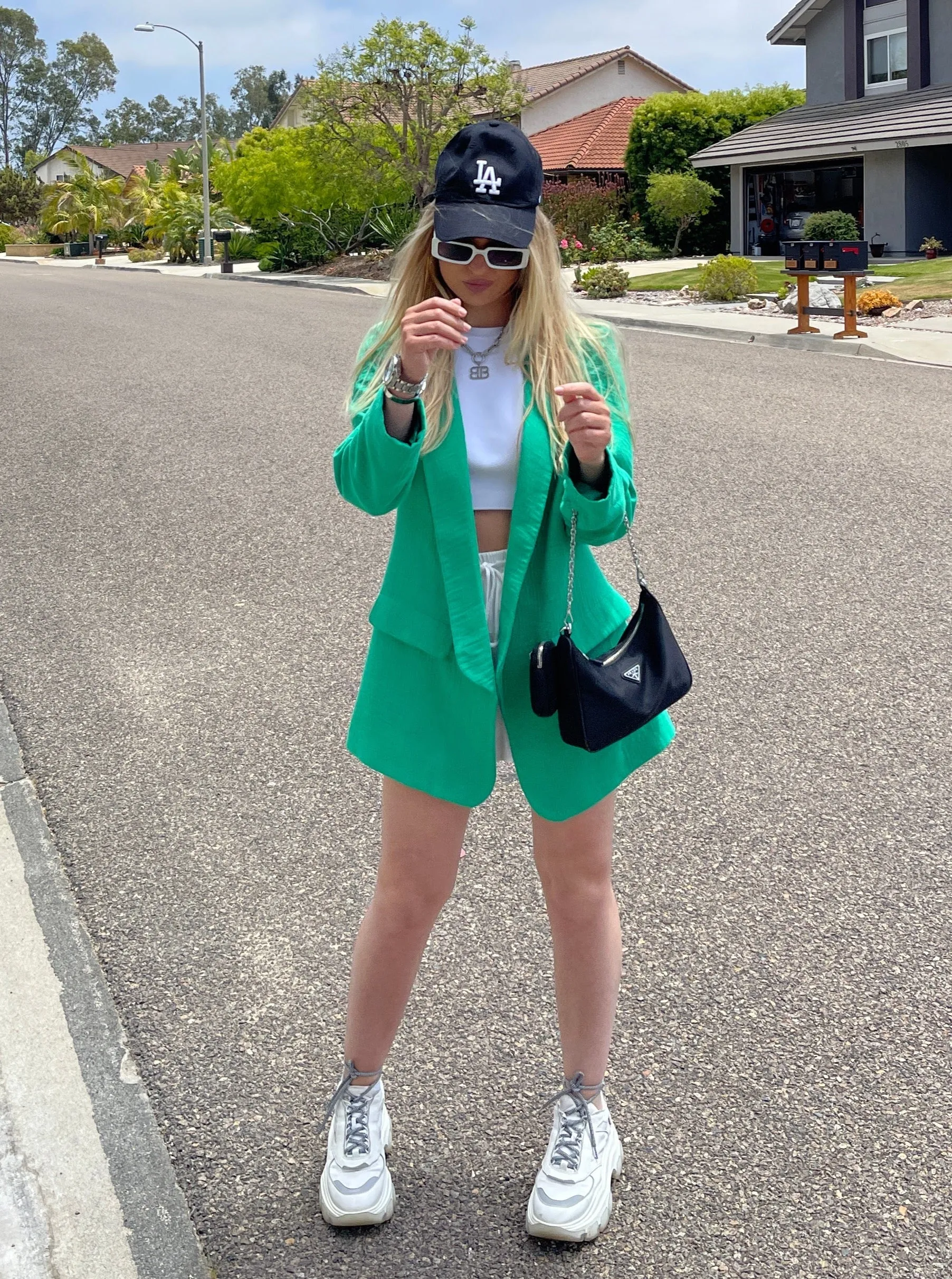 Linen Look Oversized Blazer in Green