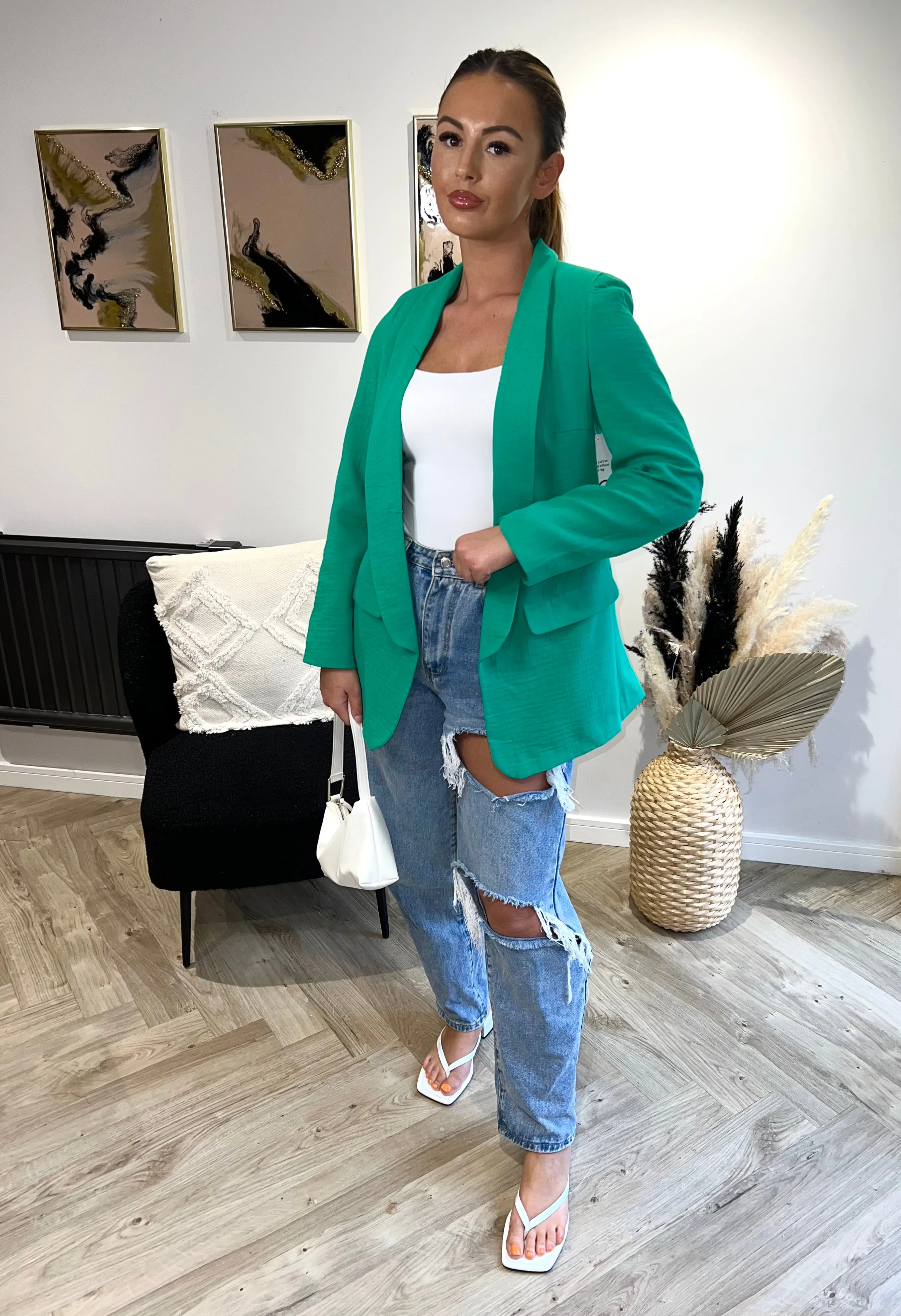 Linen Look Oversized Blazer in Green