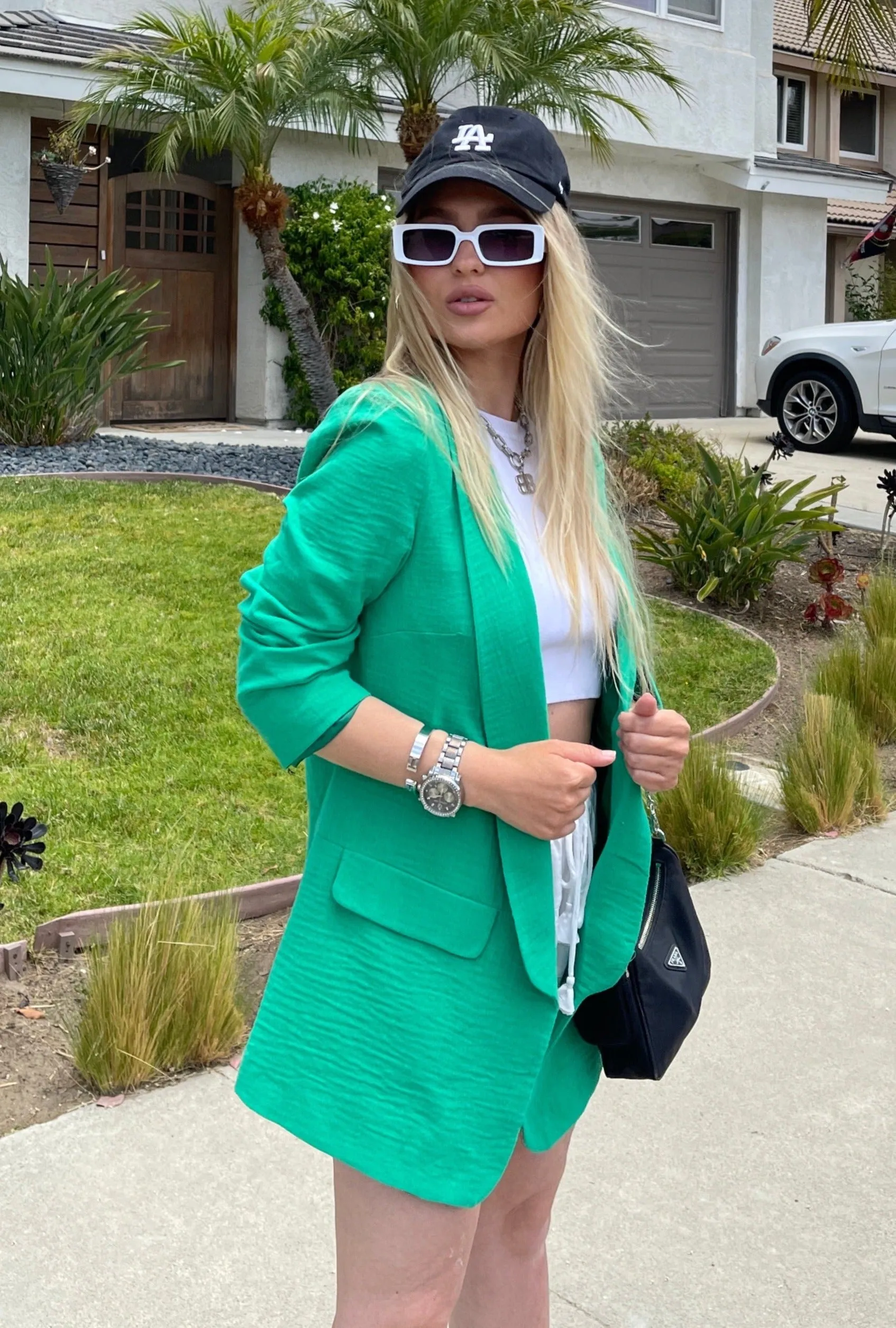 Linen Look Oversized Blazer in Green