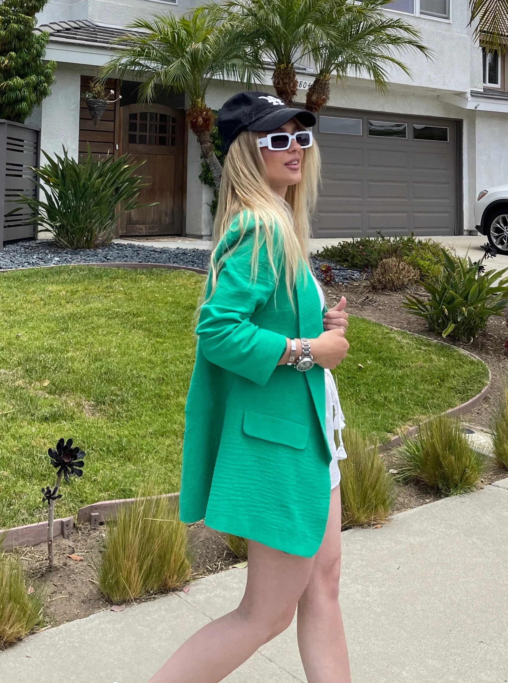 Linen Look Oversized Blazer in Green