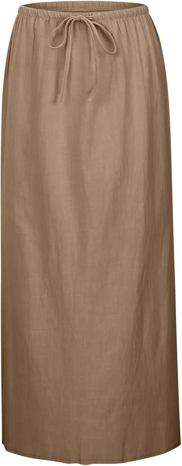Linen Maxi Skirts For Women Trendy Summer Comfy Drawstring Waist A Line Dress Cute Vacation Boho Long Flowy Skirt