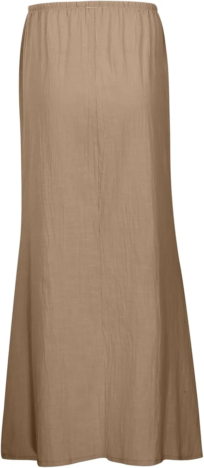 Linen Maxi Skirts For Women Trendy Summer Comfy Drawstring Waist A Line Dress Cute Vacation Boho Long Flowy Skirt