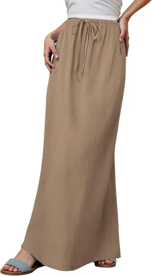 Linen Maxi Skirts For Women Trendy Summer Comfy Drawstring Waist A Line Dress Cute Vacation Boho Long Flowy Skirt