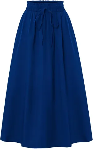 Linen Skirt Women Midi Summer Drawstring Elastic High Waist A-Line Ruffle Elegant Skirt Knee Length with Pockets