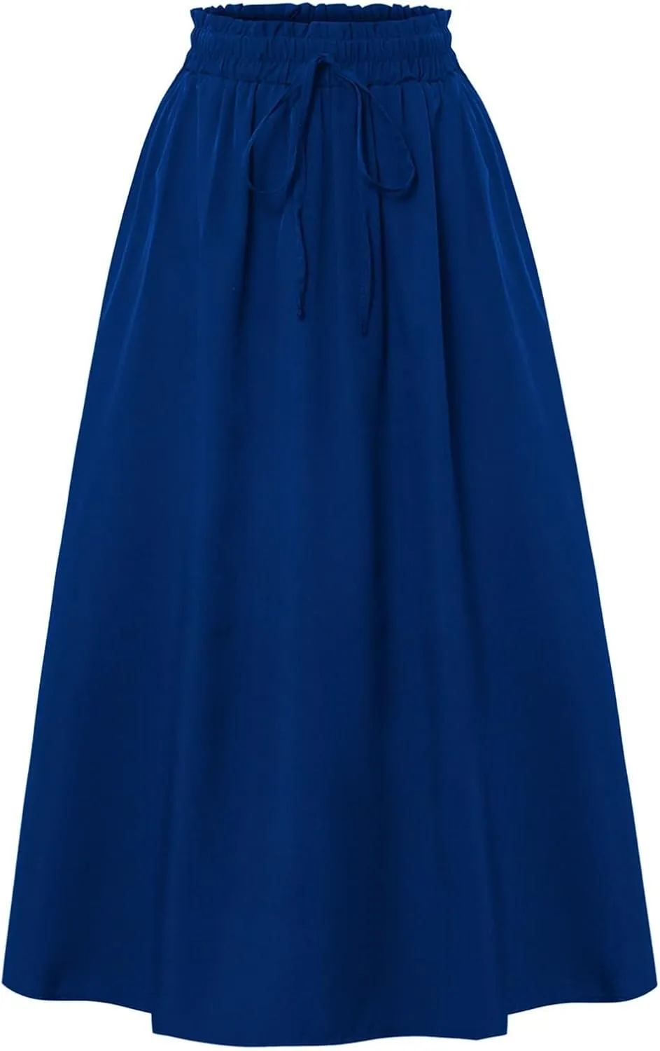 Linen Skirt Women Midi Summer Drawstring Elastic High Waist A-Line Ruffle Elegant Skirt Knee Length with Pockets