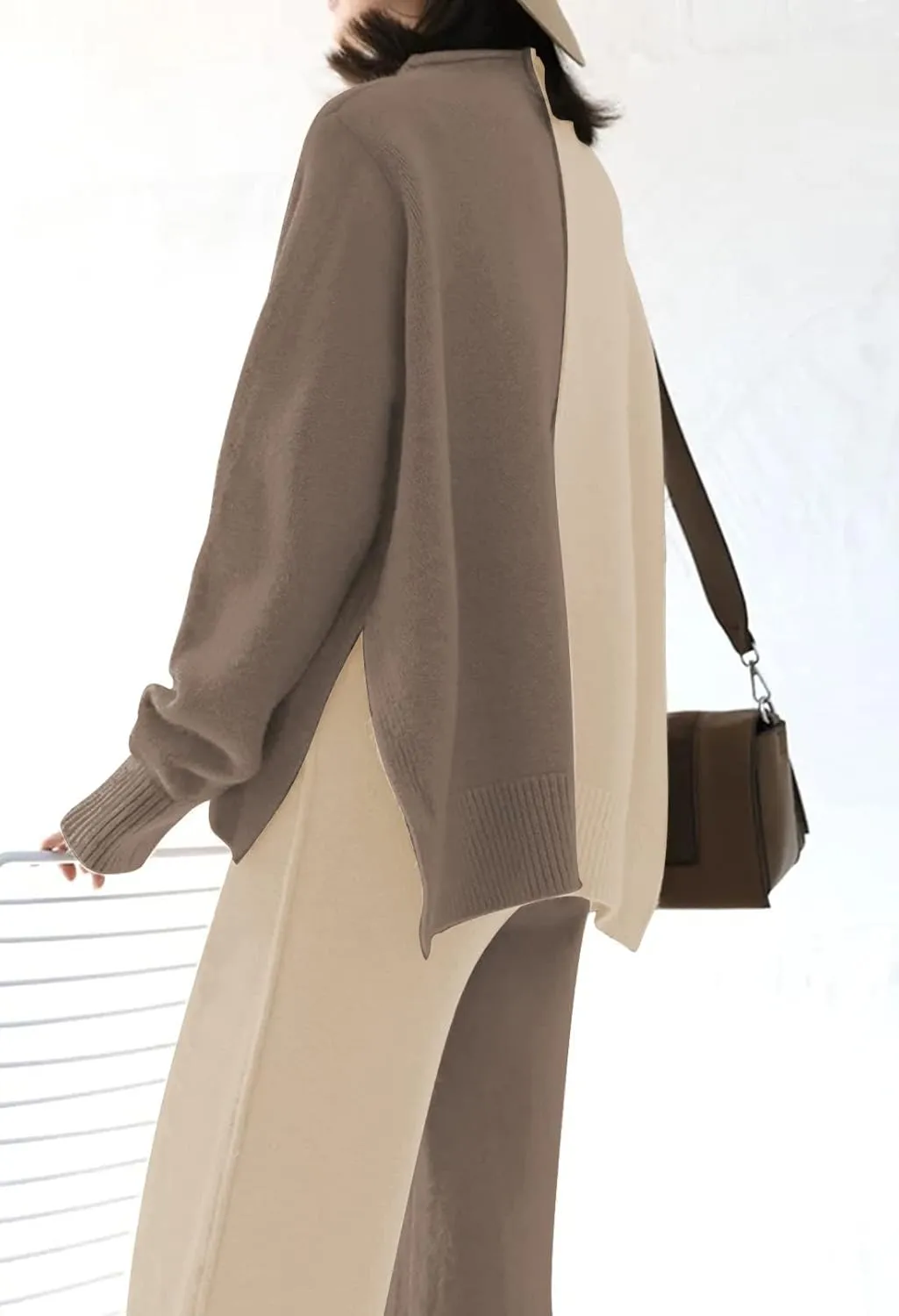 Linsery Women 2 Piece Sweater Sets High Neck Knitted Pullover Wide Leg Casual Sweatsuit