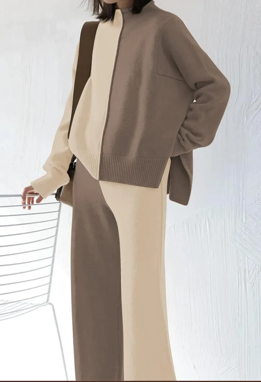 Linsery Women 2 Piece Sweater Sets High Neck Knitted Pullover Wide Leg Casual Sweatsuit