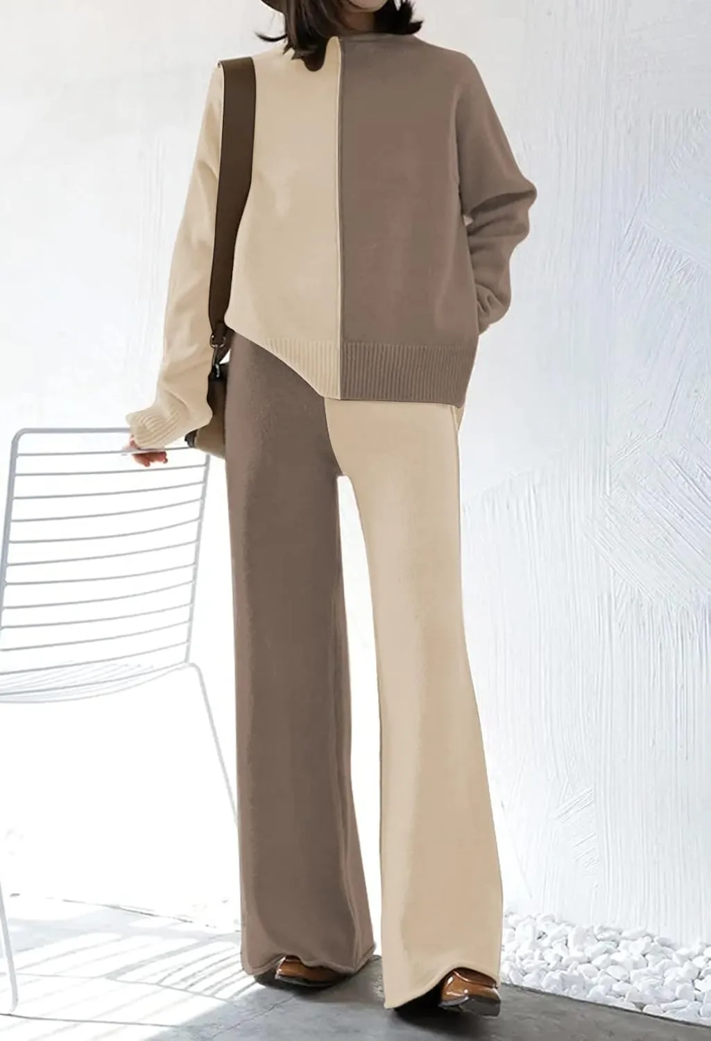 Linsery Women 2 Piece Sweater Sets High Neck Knitted Pullover Wide Leg Casual Sweatsuit